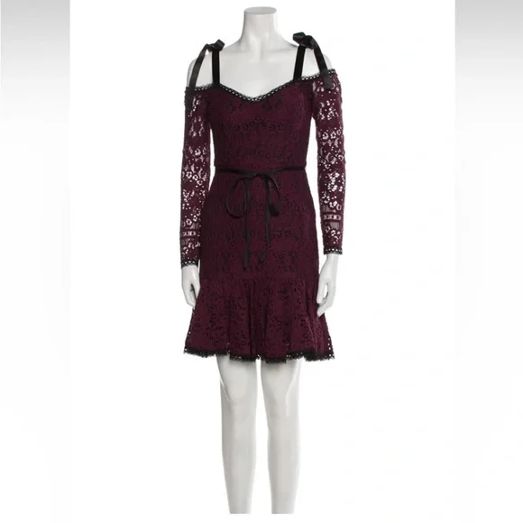 NWT Alexis Sophie Burgundy Lace Off Shoulder Tie Shoulder Dress. Small - Picture 4 of 14